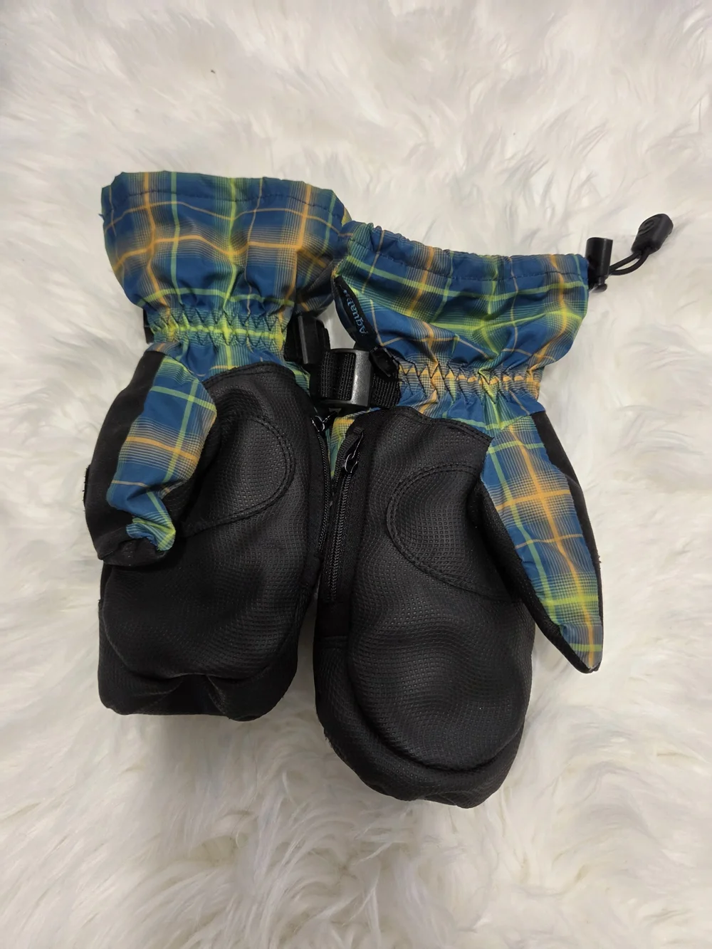Gordini Plaid Blue & Yellow Ski Mittens with Black Palm